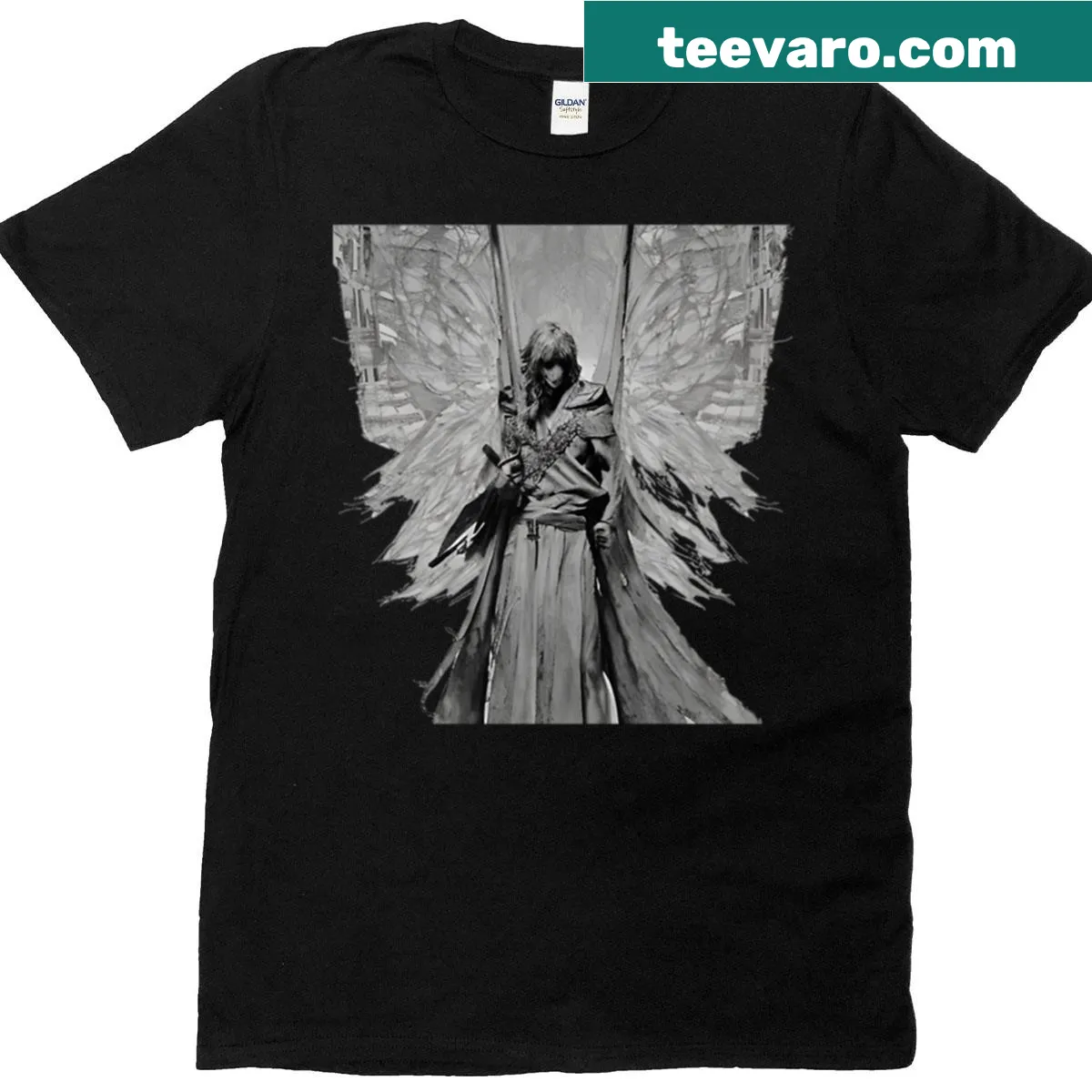 T-shirt featuring a serene illustration of a guardian angel — on a men's t-shirt