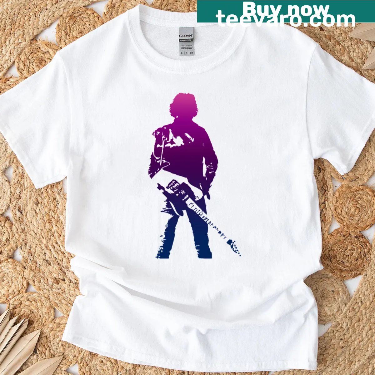Illustration of a guitar with the name Springsteen — on a men's t-shirt