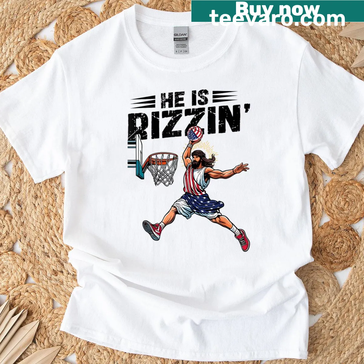 Cartoon graphic of basketball Jesus on a T-shirt — on a men's t-shirt