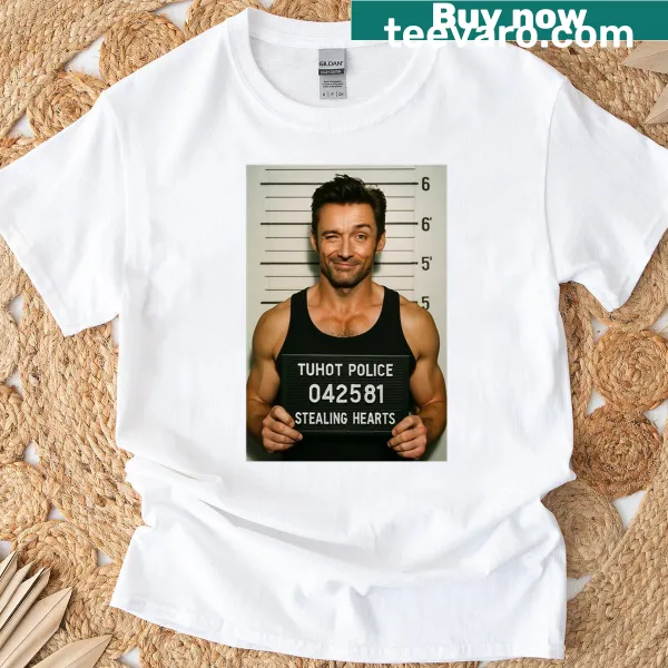 T-shirt featuring a charming illustration of Hugh Jackman surrounded by hearts.