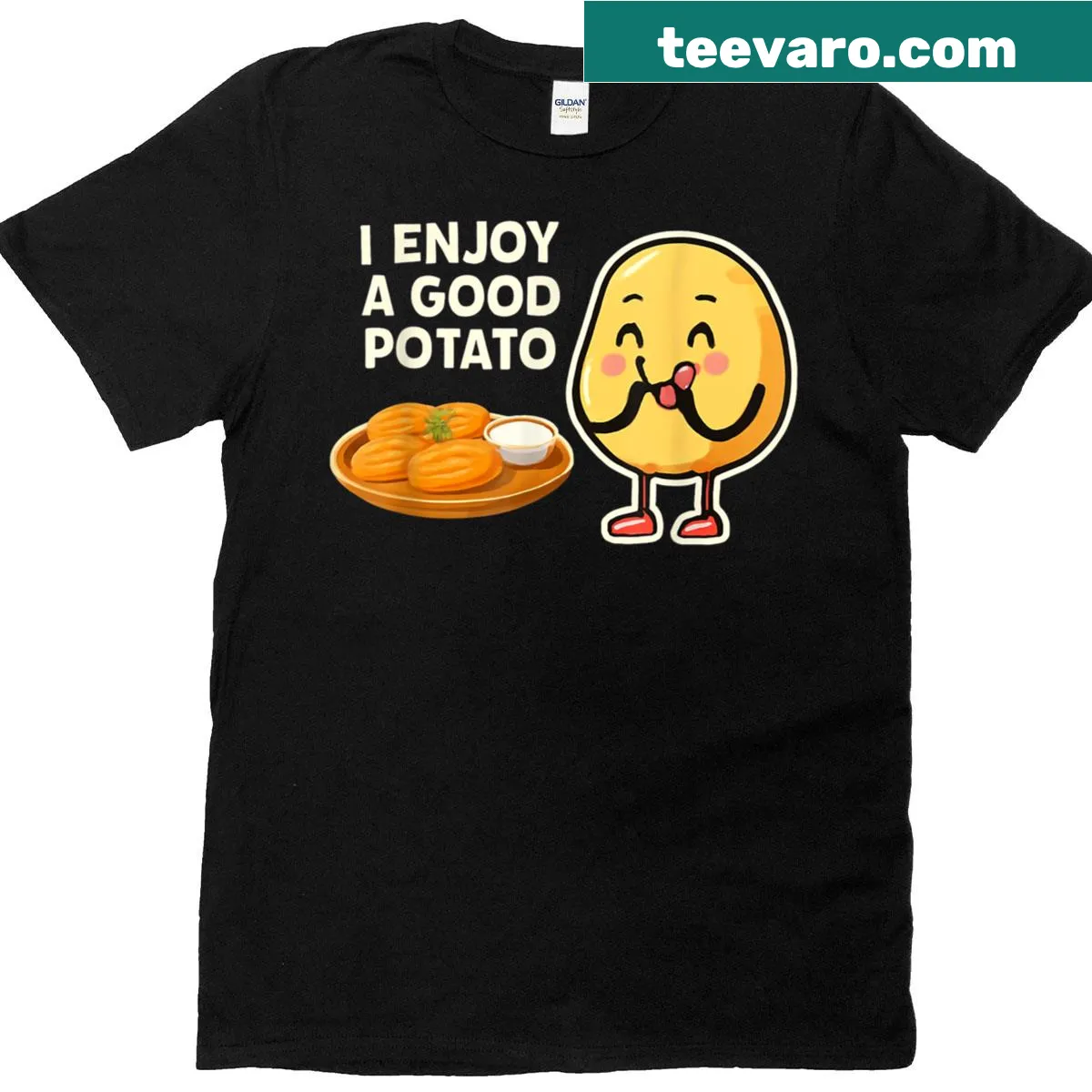 Typographic t-shirt celebrating good potato vegetarian pizza for gamers. — on a men's t-shirt