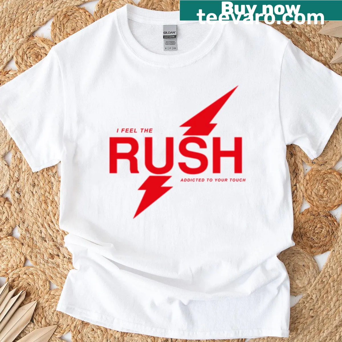 Graphic with 'I Feel The Rush' text from Troye Sivan on a T-shirt — on a men's t-shirt