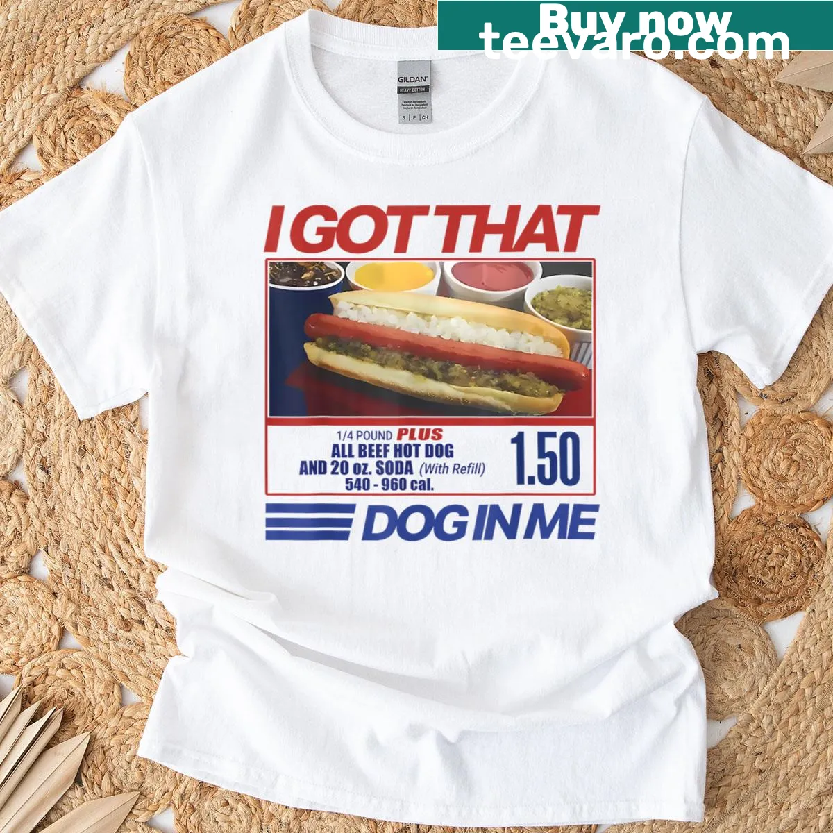 Humorous hotdog-themed t-shirt with dog elements and playful text — on a men's t-shirt