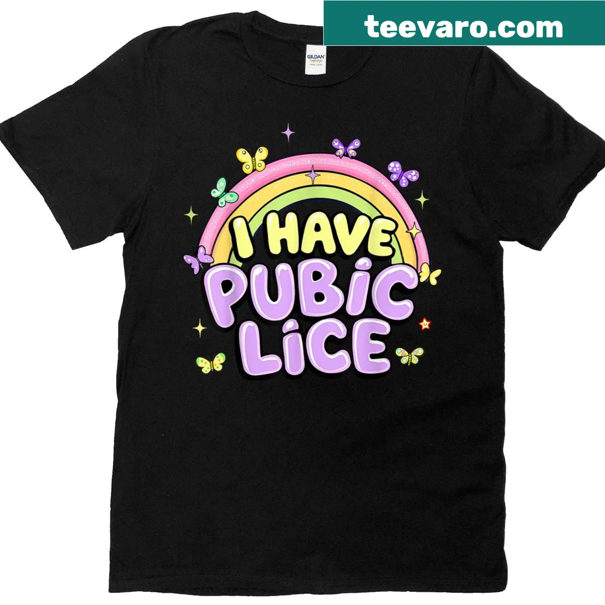 Edgy adult humor t-shirt with the phrase 'I Have Pubic Lice' — on a men's t-shirt