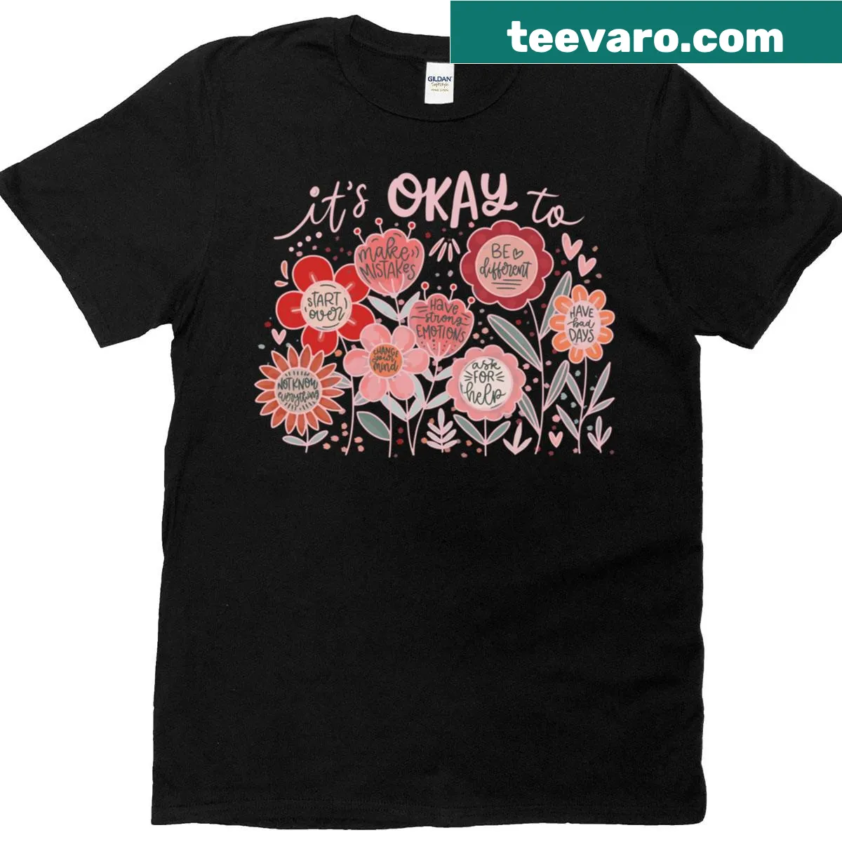 Floral t-shirt with the phrase 'It's Okay' promoting mental health — on a men's t-shirt