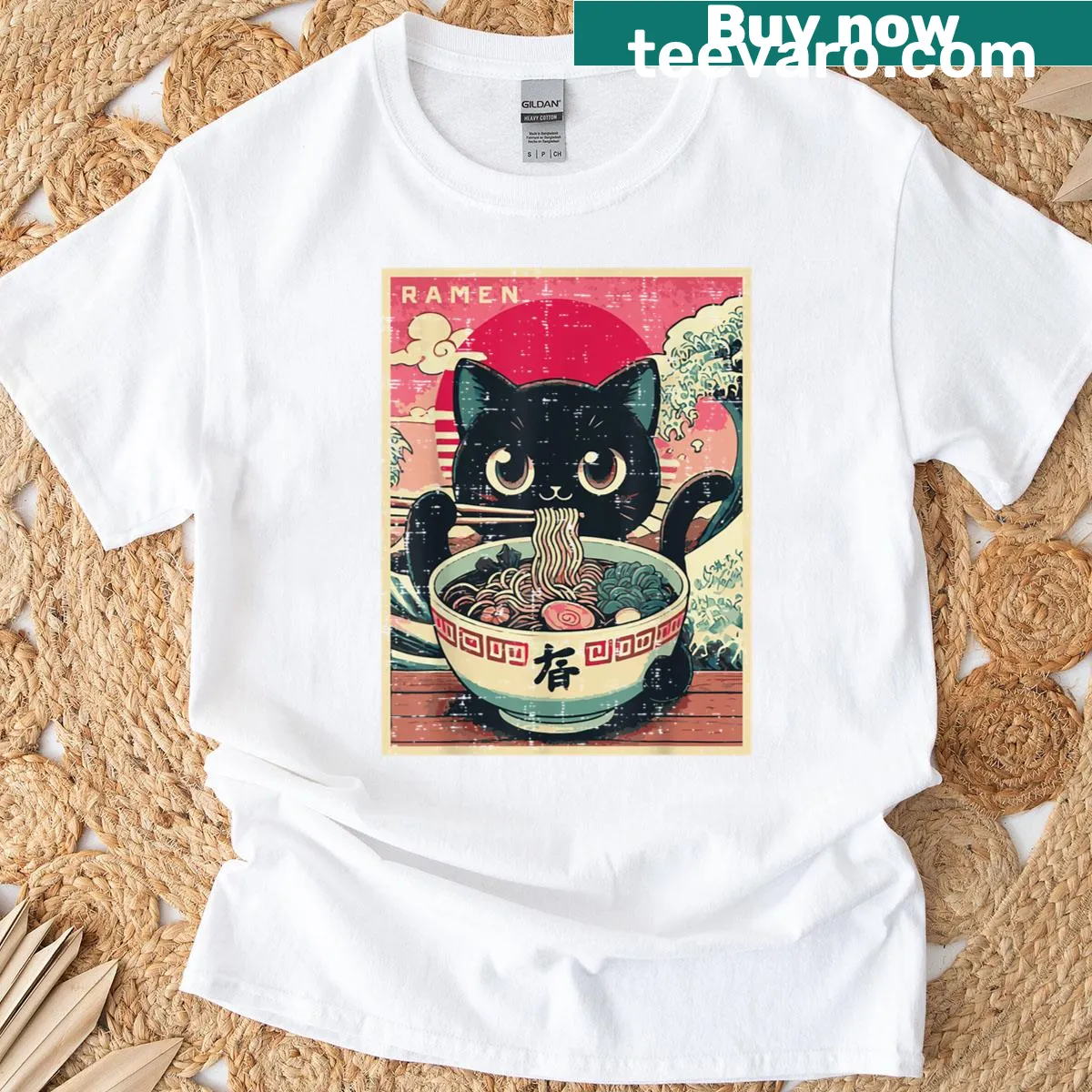 Illustrated Kawaii cat enjoying ramen, designed for kids and girls. — on a men's t-shirt