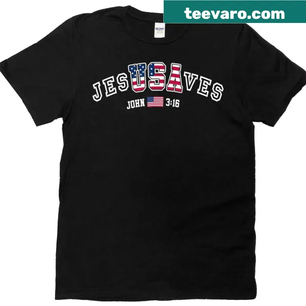 Patriotic T-shirt with American flag and Jesus Saves graphic