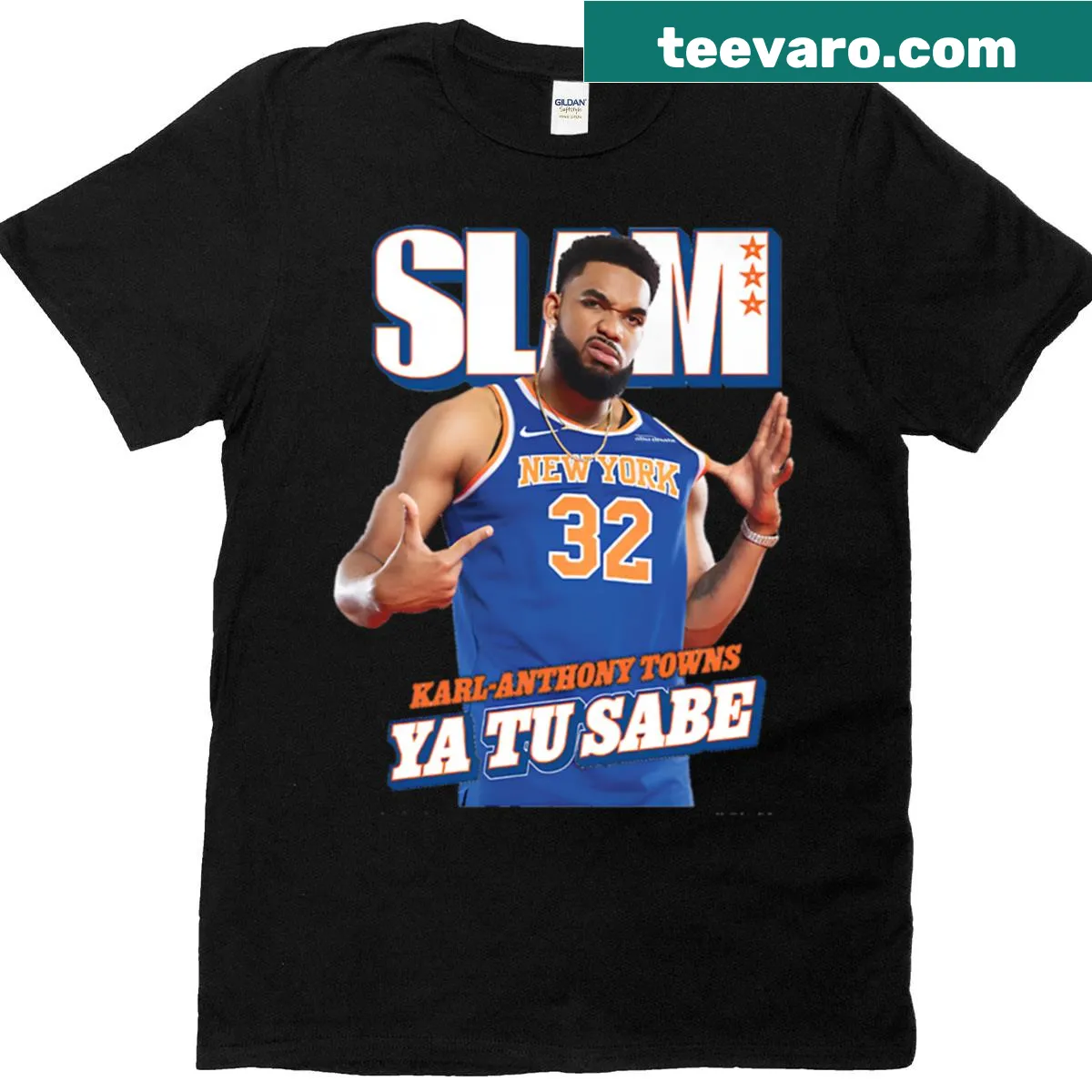 Illustrated t-shirt featuring Karl-Anthony Towns slam design — on a men's t-shirt