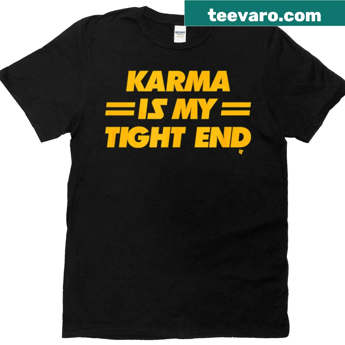 Playful football-themed T-shirt referencing karma and players Kelce — on a men's t-shirt