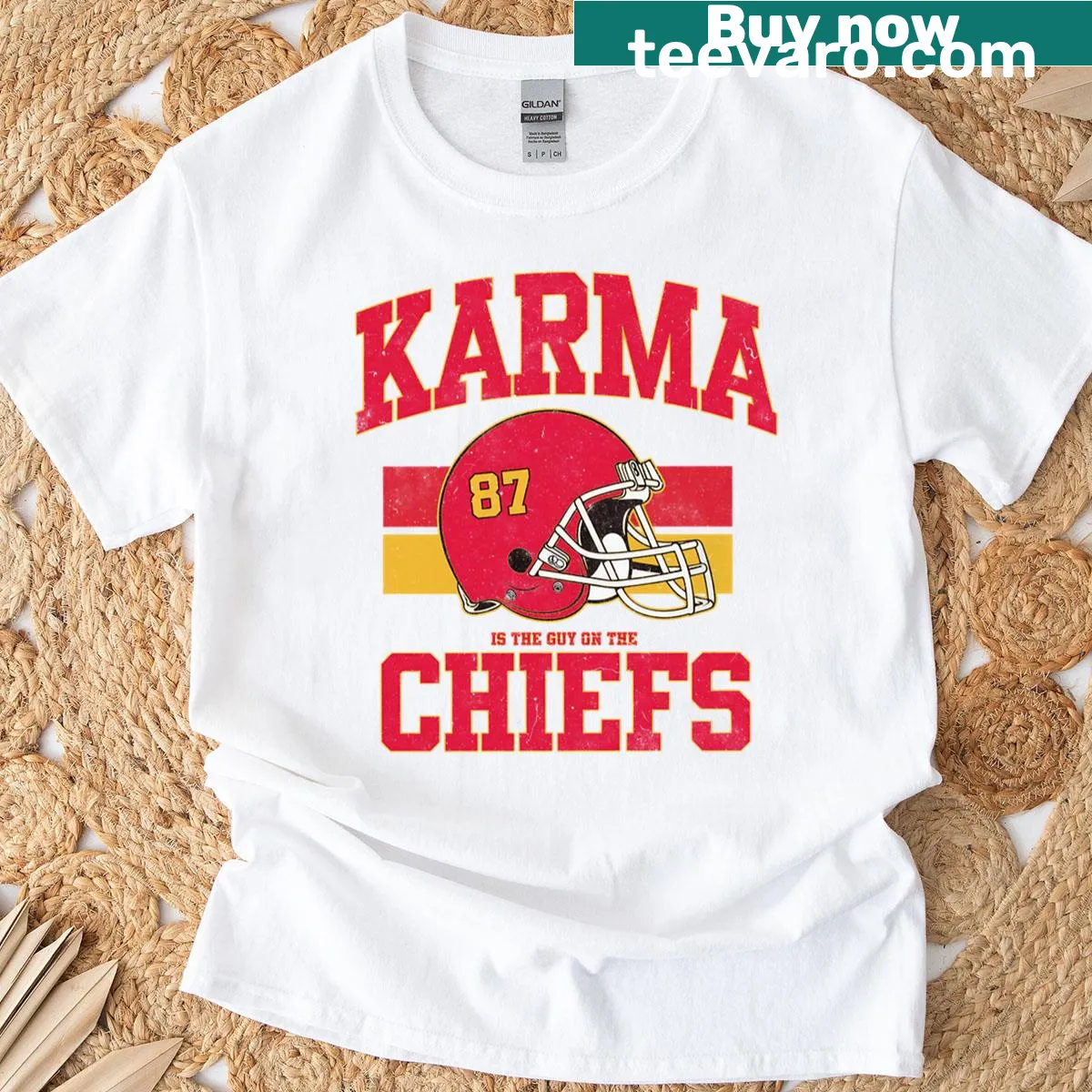 Funny T-shirt with the phrase 'Karma Is The Guy On The Chiefs Go Taylor's Boyfriend' — on a men's t-shirt