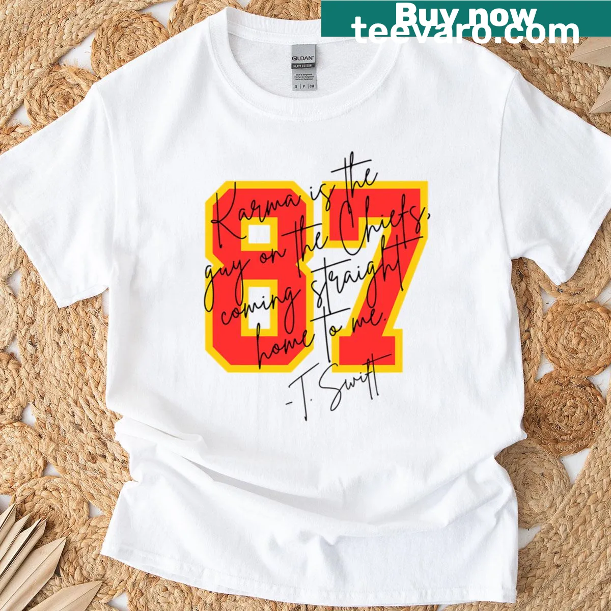 Oversized t-shirt with playful text about karma and Kansas City Chiefs — on a men's t-shirt