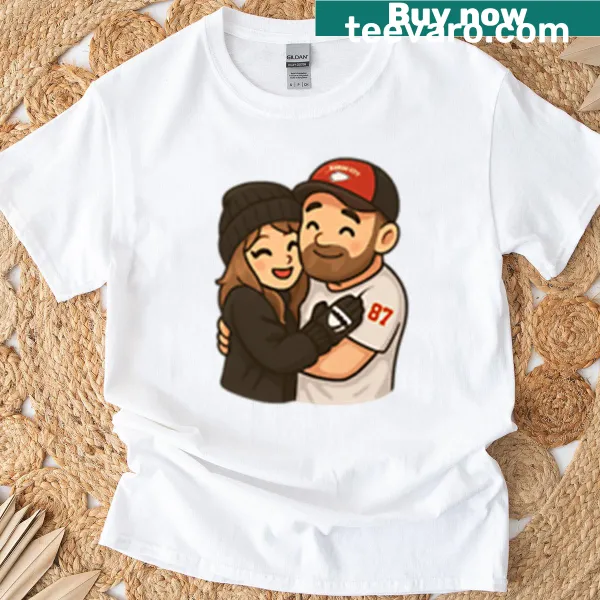 Chibi-style T-shirt featuring Kelce and Swift hugging