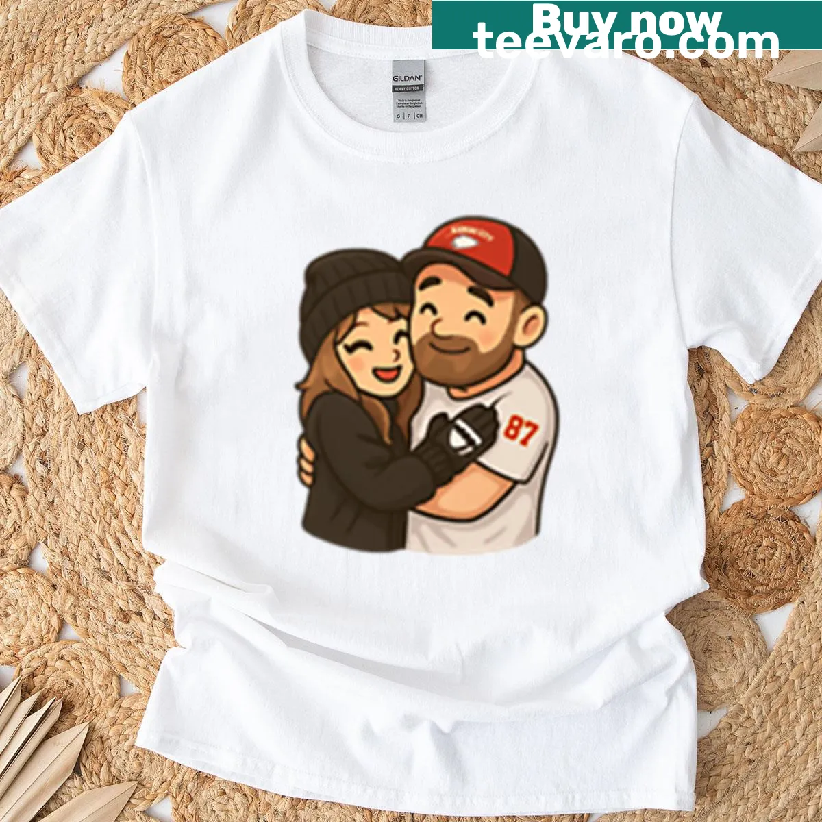 Chibi-style T-shirt featuring Kelce and Swift hugging — on a men's t-shirt