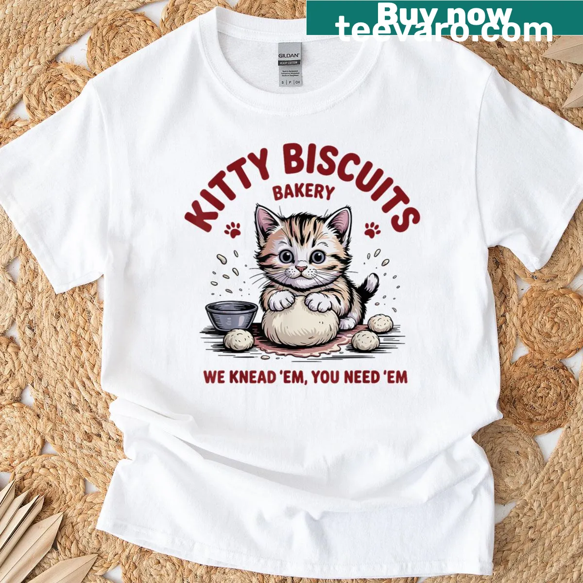 Cat-themed baking t-shirt with playful text about kneading and cats — on a men's t-shirt