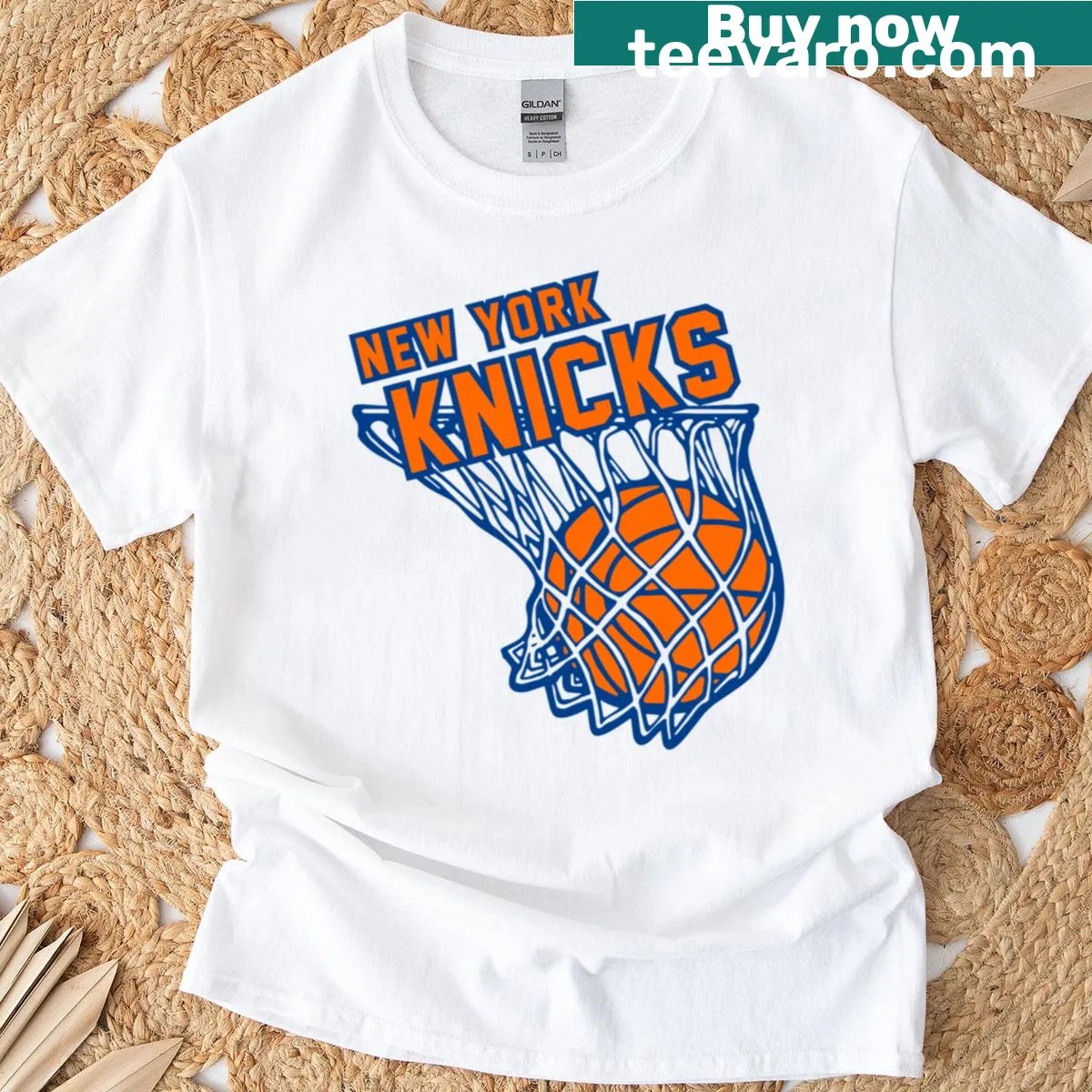 New York Knicks T-shirt featuring a playful swish graphic — on a men's t-shirt