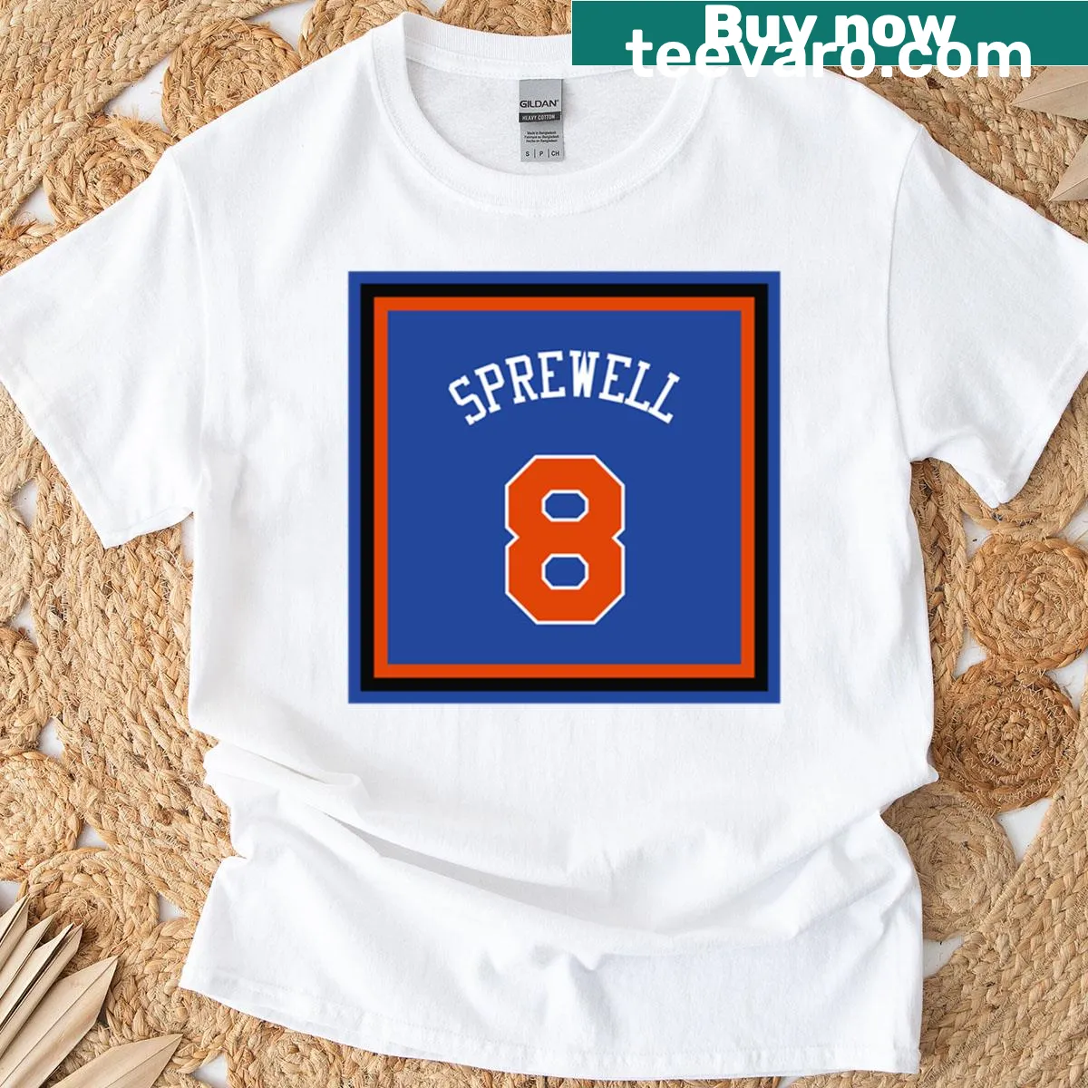 T-shirt featuring an illustration of Latrell Sprewell with Knicks branding — on a men's t-shirt