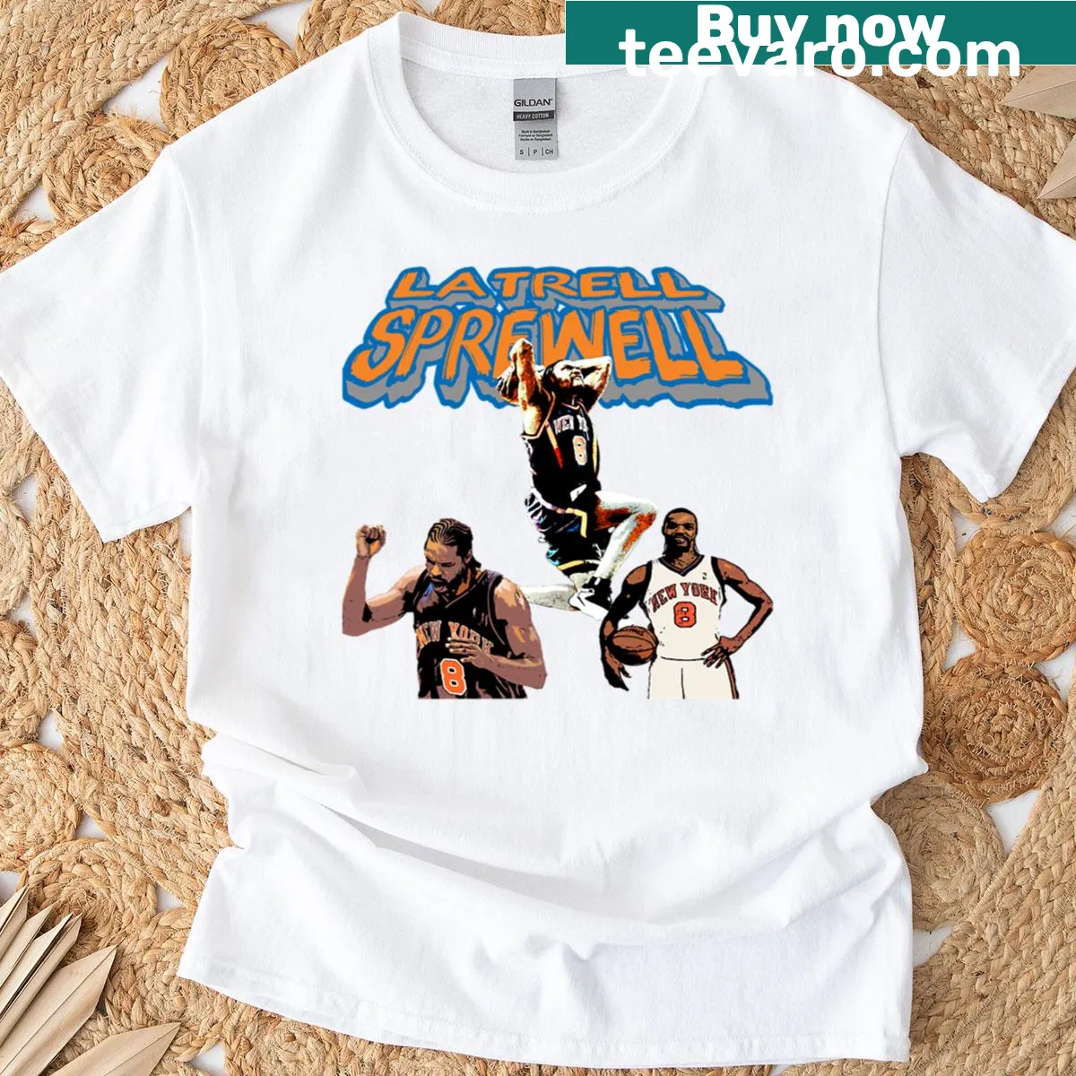 T-shirt featuring Latrell Sprewell and Knicks branding, ideal for fans. — on a men's t-shirt