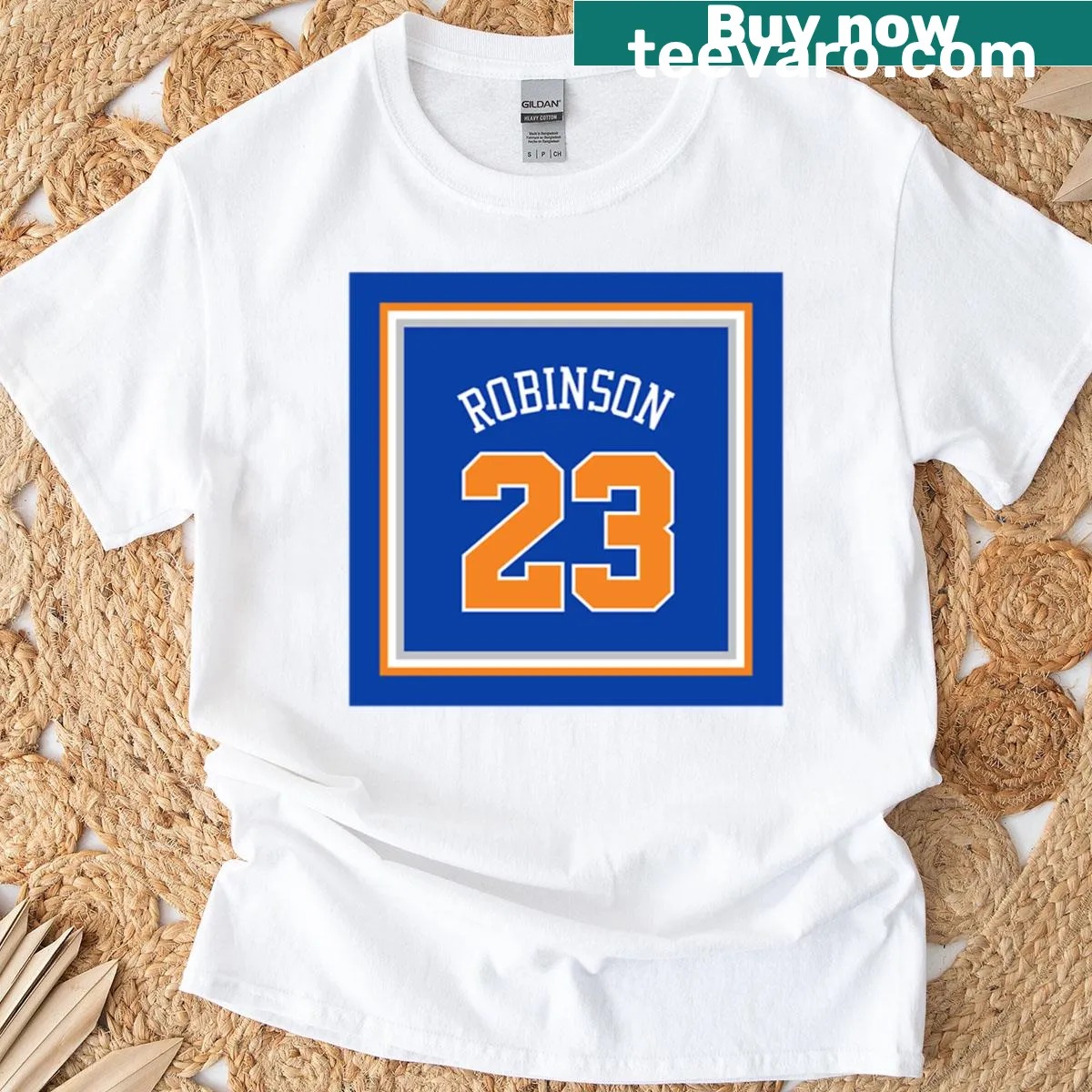T-shirt featuring an illustration of Mitchell Robinson, a Knicks player. — on a men's t-shirt