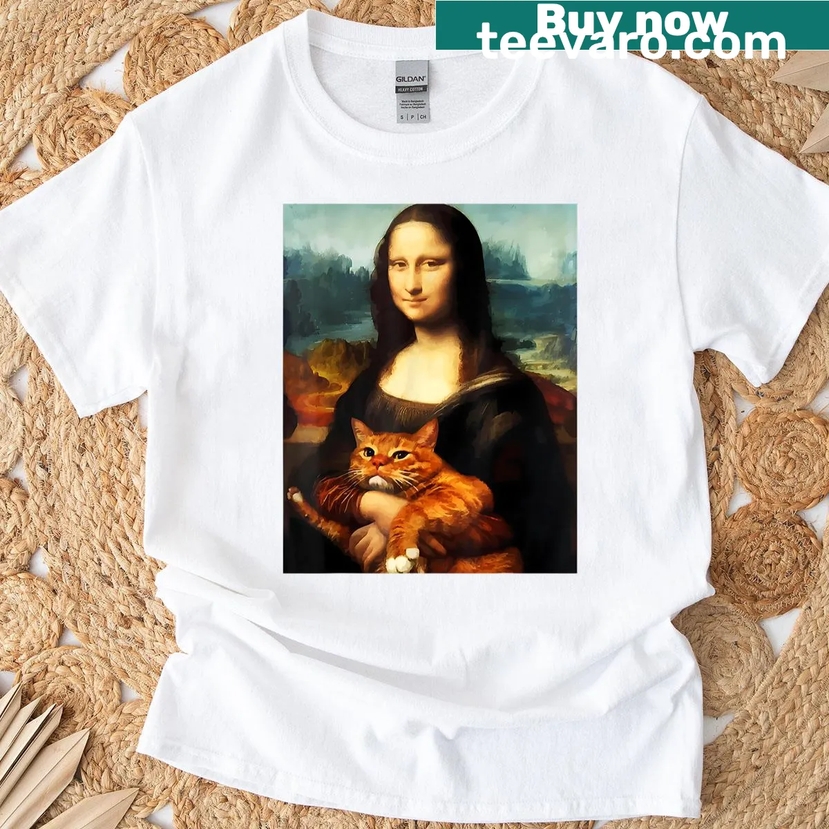 Funny T-shirt depicting Mona Lisa holding a cat, merging classic art with humor — on a men's t-shirt