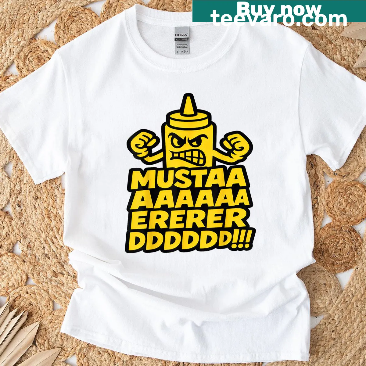 Funny T-shirt featuring a screaming mustard bottle graphic, perfect for food lovers. — on a men's t-shirt