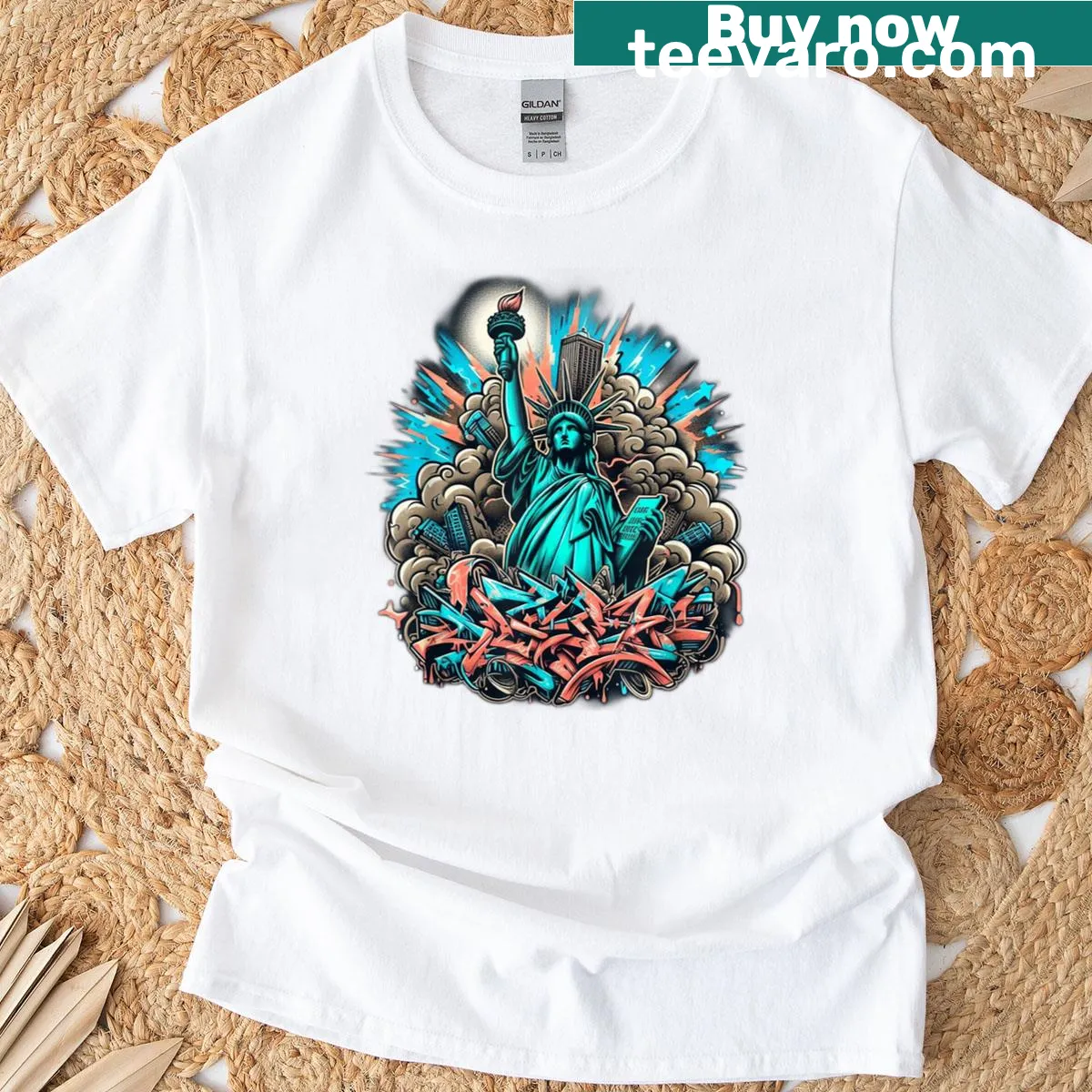 Graffiti-style T-shirt featuring the Statue of Liberty in a hip-hop theme — on a men's t-shirt