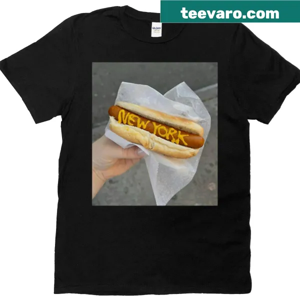 Illustrated New York Hot Dog T-shirt featuring a cartoon hot dog