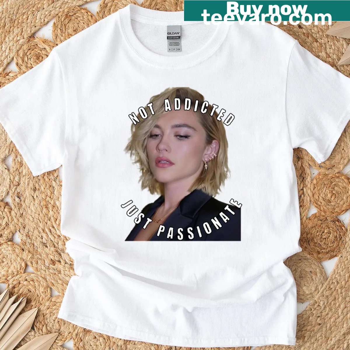 Funny Florence Pugh T-shirt with humorous text — on a men's t-shirt