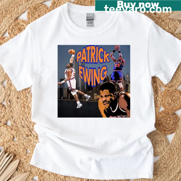 Illustrated T-shirt of Patrick Ewing with NYC skyline