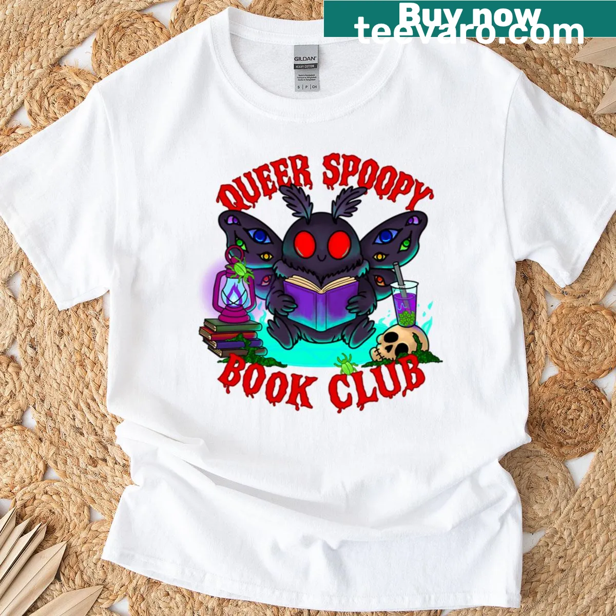 Humorous typography T-shirt for a queer book club — on a men's t-shirt