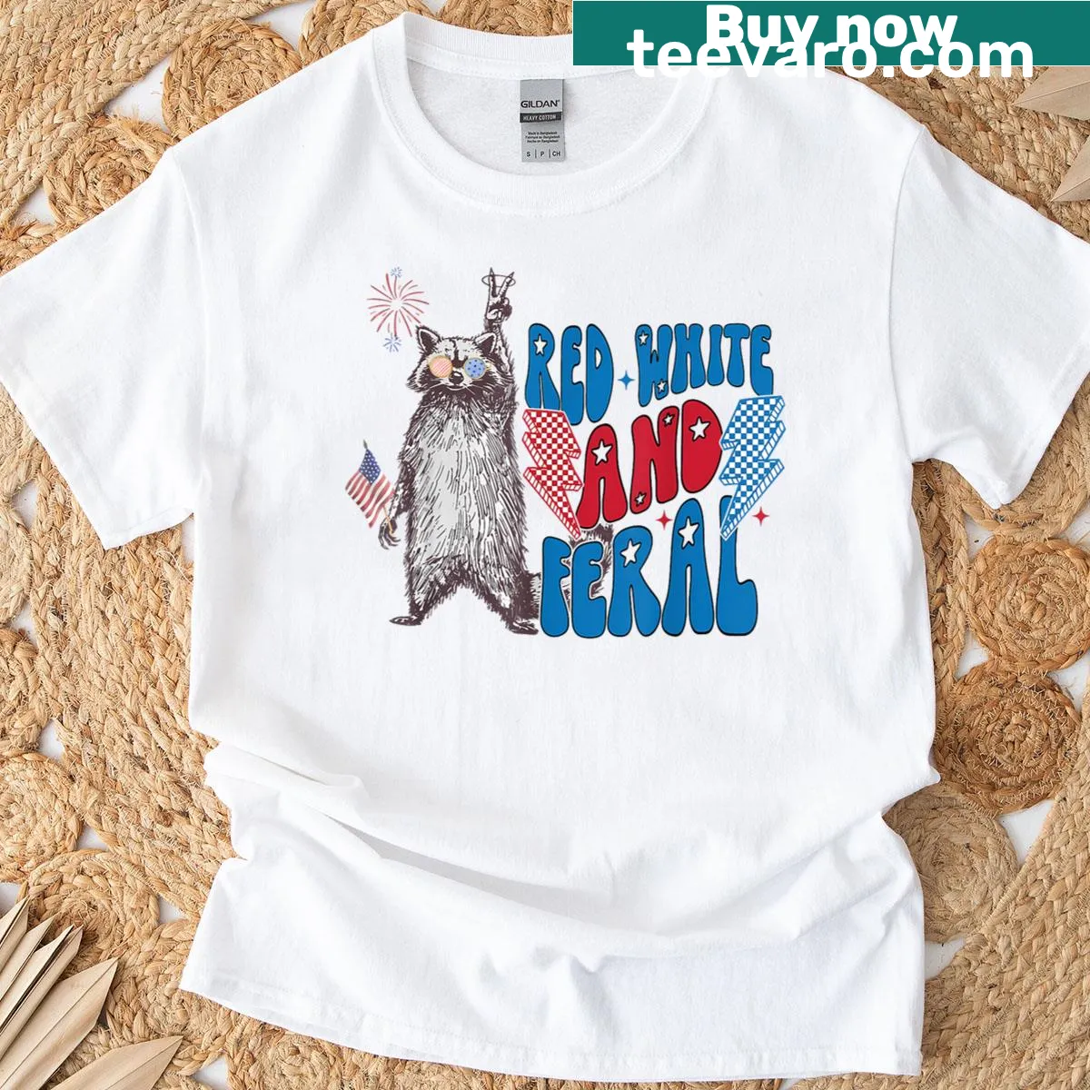 Patriotic T-shirt featuring a playful raccoon for 4th of July — on a men's t-shirt
