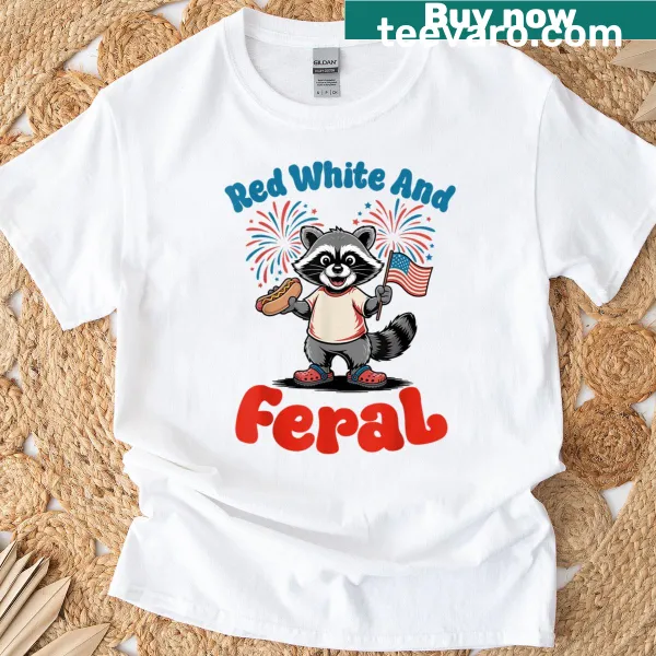 Cartoon raccoon with a hot dog on a patriotic T-shirt