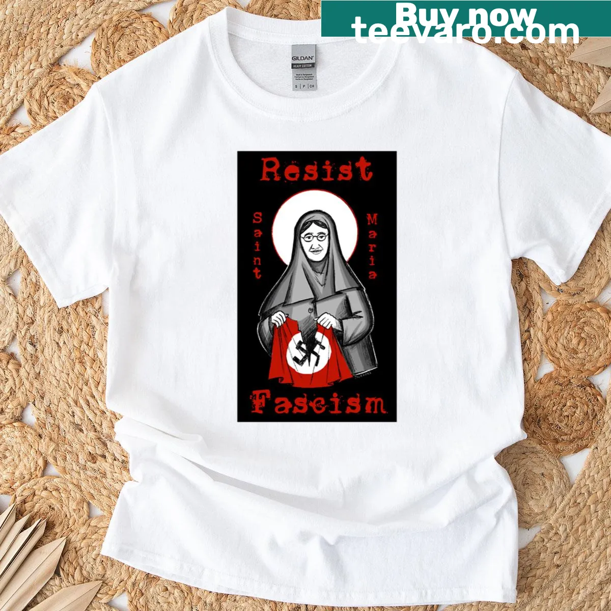 Illustration of St. Maria of Paris on a resistance-themed t-shirt — on a men's t-shirt