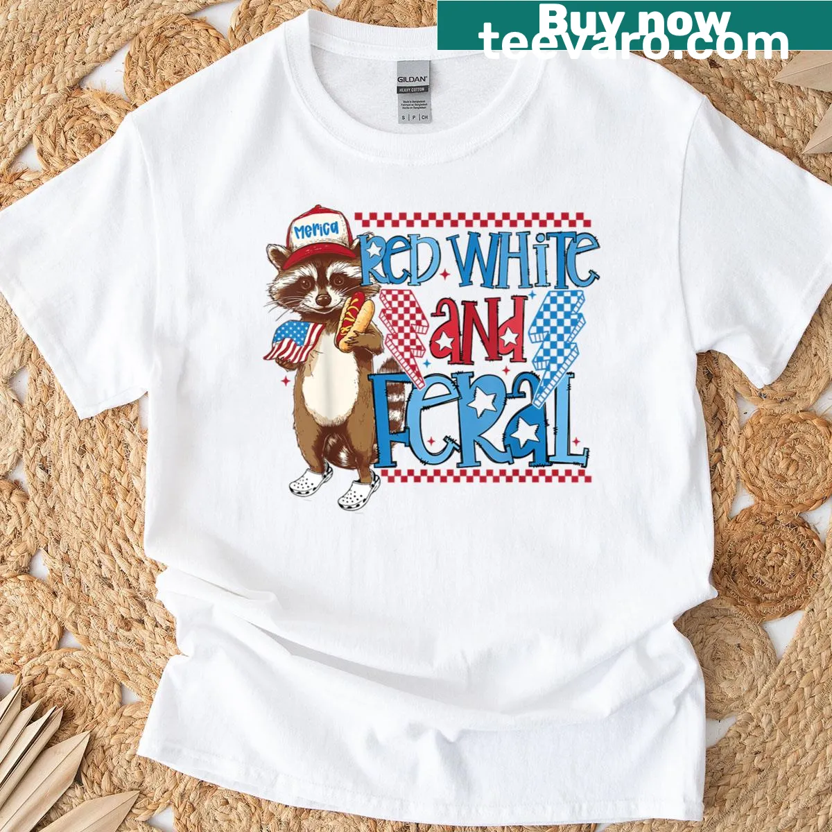 Playful raccoon and patriotic text design for 4th of July T-shirt — on a men's t-shirt