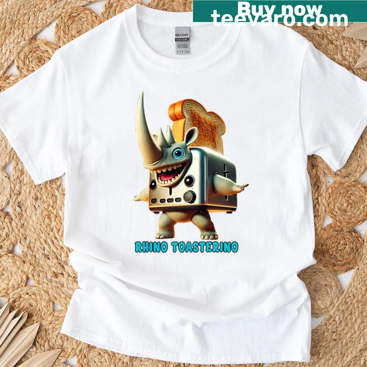 Cartoon character Rhino Toasterino graphic on oversized t-shirt — on a men's t-shirt