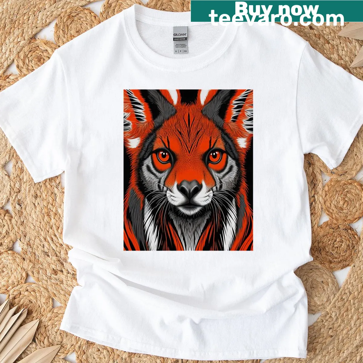 Graphic t-shirt featuring a graceful red kangaroo illustration. — on a men's t-shirt