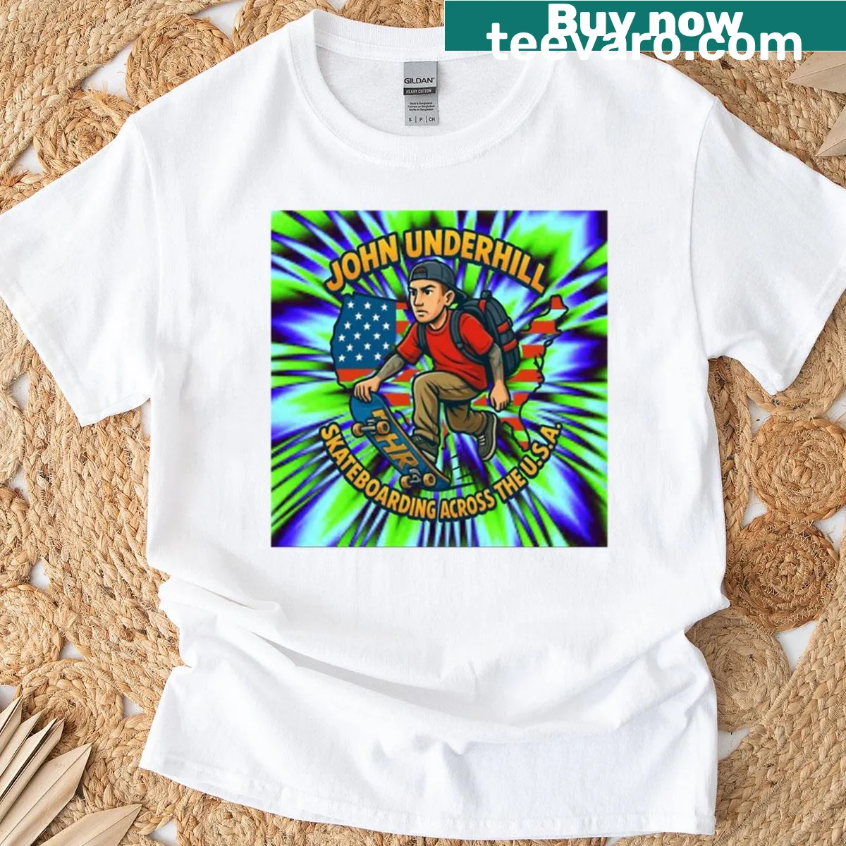 Oversized t-shirt featuring a skateboarder on a map of America. — on a men's t-shirt