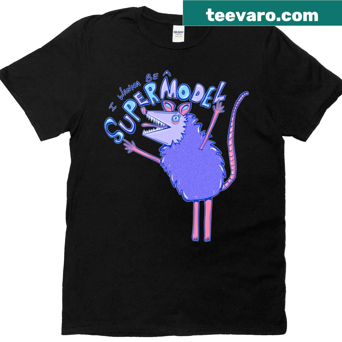 Oversized T-shirt featuring a supermodel possum illustration. — on a men's t-shirt