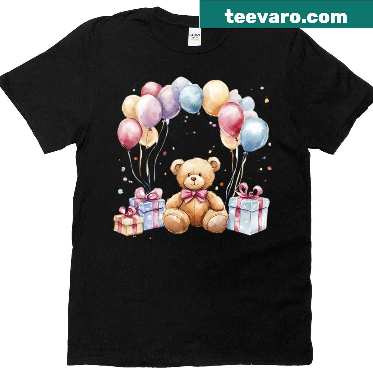 Oversized T-shirt with cute teddy bear design for birthdays. — on a men's t-shirt