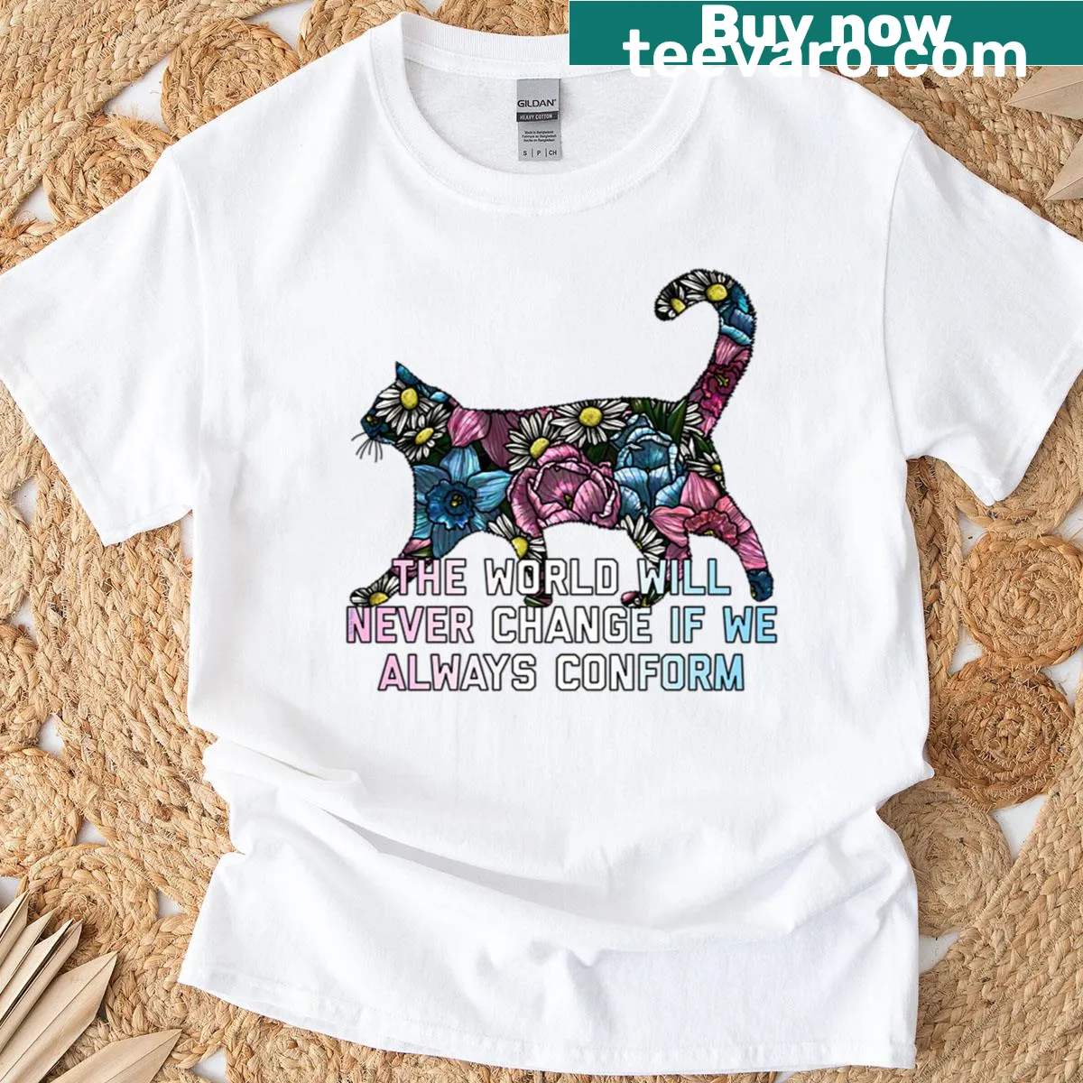 Cat-themed t-shirt with text about the need for change — on a men's t-shirt