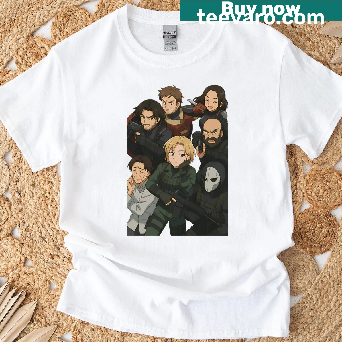 Oversized Thunderbolts anime t-shirt with dynamic character illustrations — on a men's t-shirt