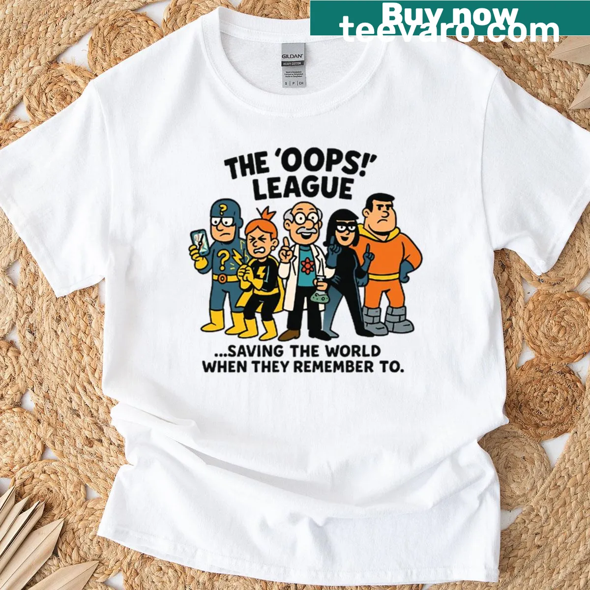 Oversized Thunderbolts Oops League badge design T-shirt — on a men's t-shirt