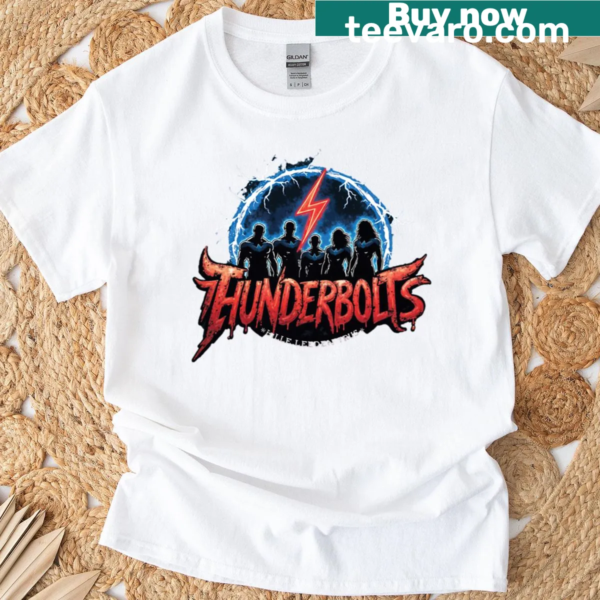 Illustrative Thunderbolts design T-shirt featuring dynamic hero graphics — on a men's t-shirt
