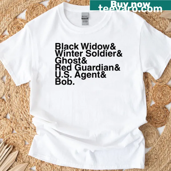 Thunderbolts superhero names illustrated collaged on a t-shirt