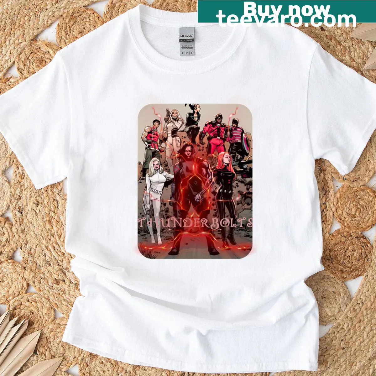 Oversized T-shirt with bold Thunderbolts superhero graphics. — on a men's t-shirt