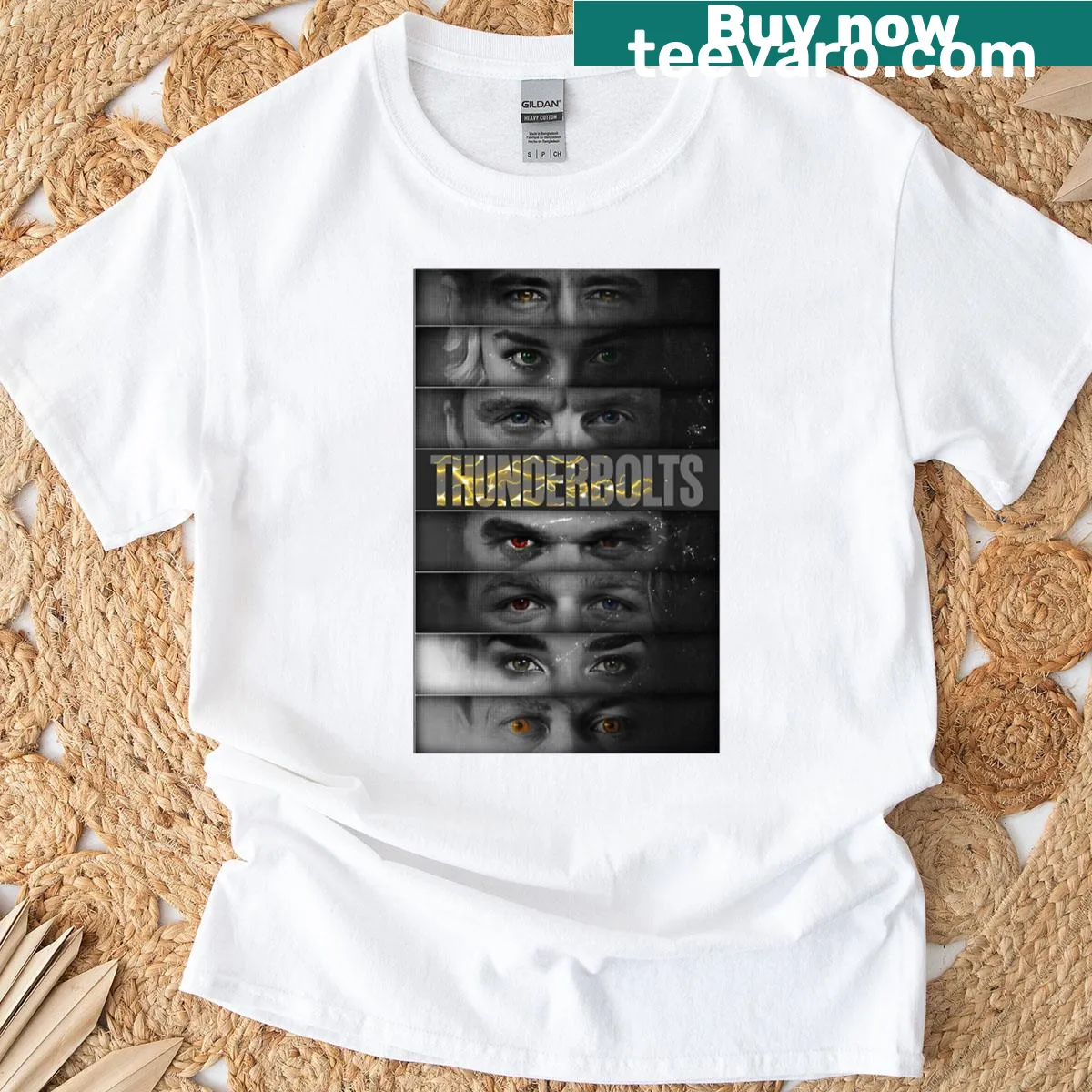 Oversized Thunderbolts team t-shirt featuring comic-inspired graphics — on a men's t-shirt