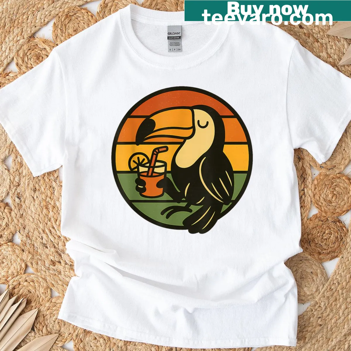 Funny T-shirt with a toucan sipping a drink and retro vibes. — on a men's t-shirt