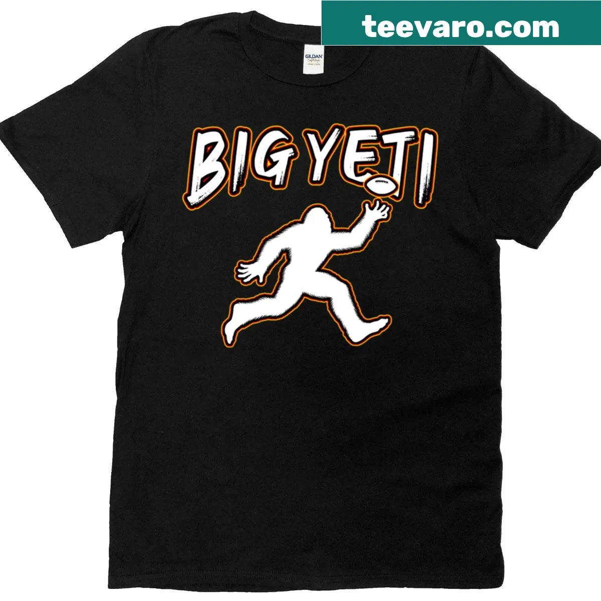 Cartoon yeti playing football on Travis Kelce T-shirt — on a men's t-shirt
