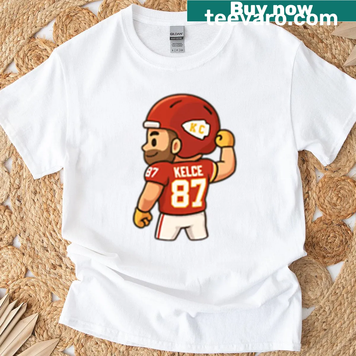 Chibi-style Travis Kelce graphic T-shirt featuring a playful pose — on a men's t-shirt