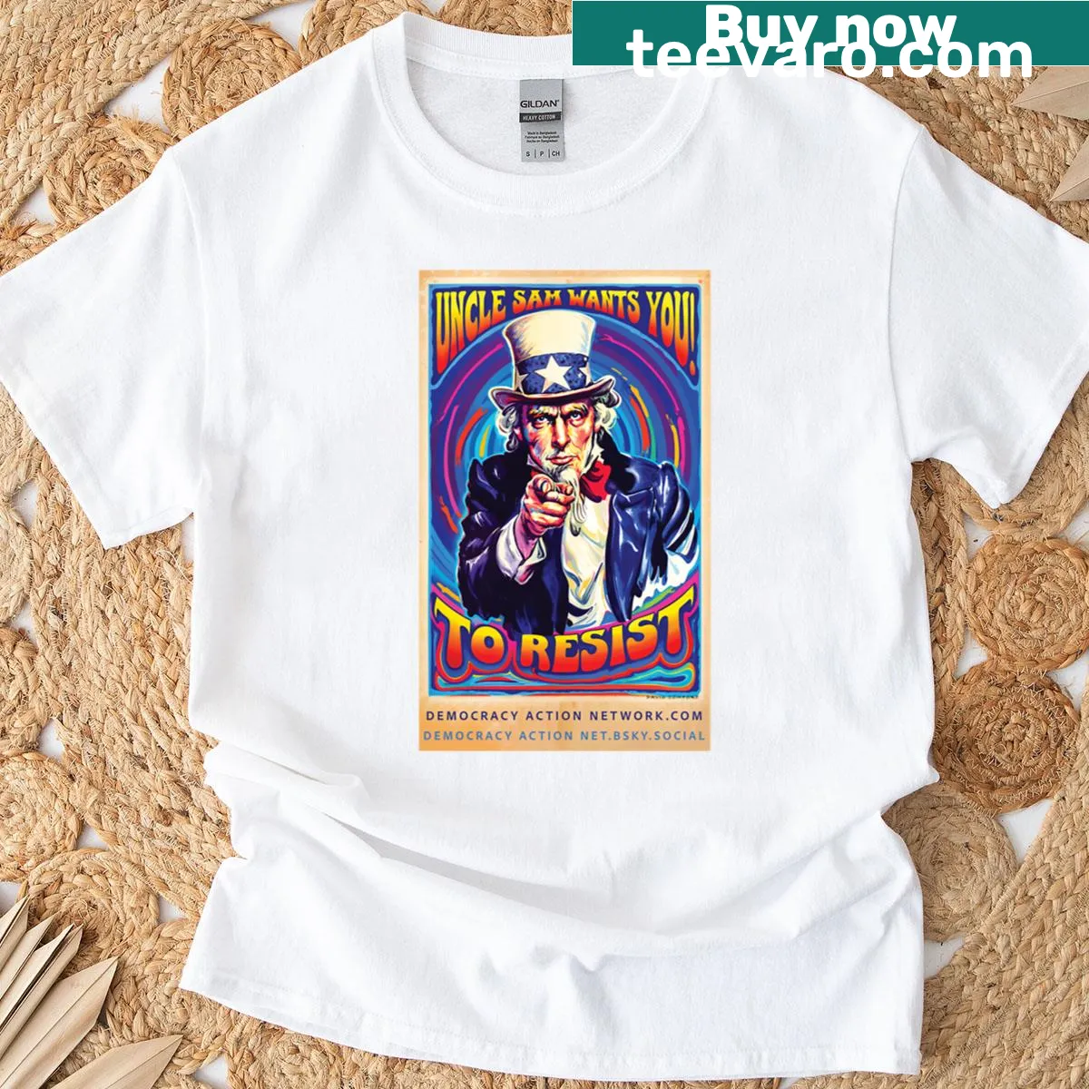 Patriotic t-shirt featuring Uncle Sam urging resistance — on a men's t-shirt