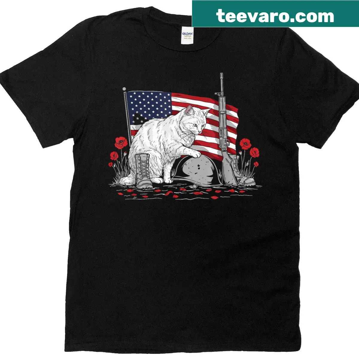 Vintage T-shirt with a cat design and American flag theme — on a men's t-shirt